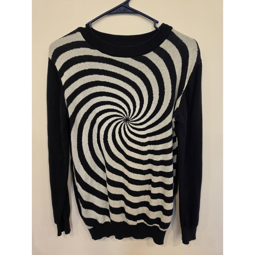 OXKNIT Optical Illusion Swirl Sweater Womens Small Black White Cotton Knit Top